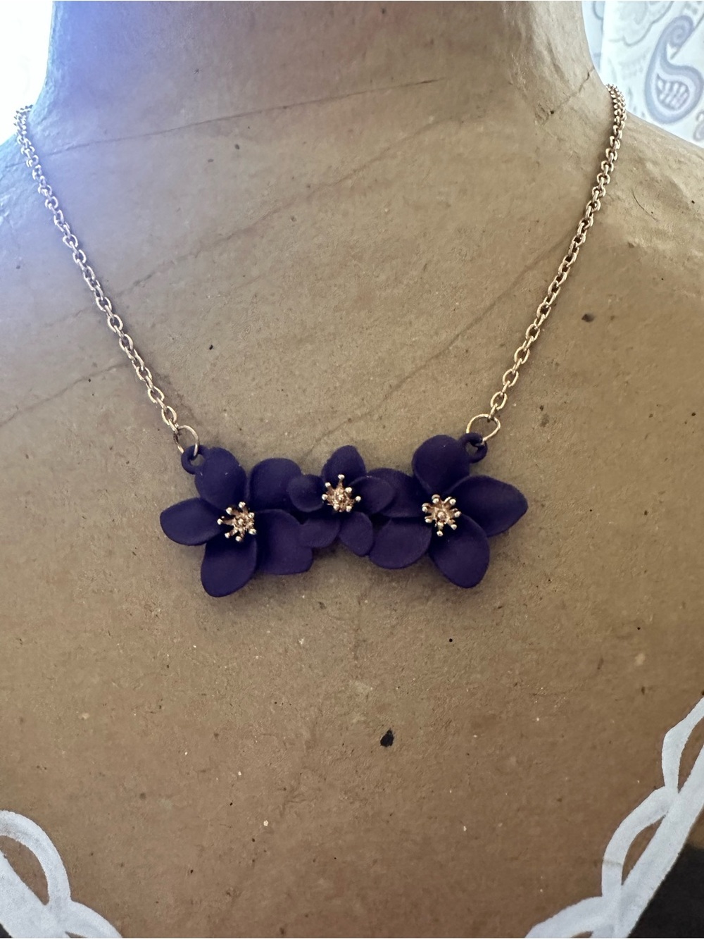 Gold Chain Necklace with Purple Floral Trio Pendant